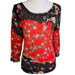 Cyrus Floral Art to Wear Sweater Women's Medium Beaded Asian Inspired Graphic